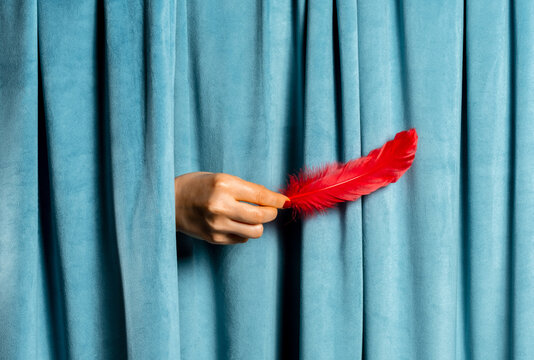 A woman's hand holds a red feather in front of blue velvet curtains