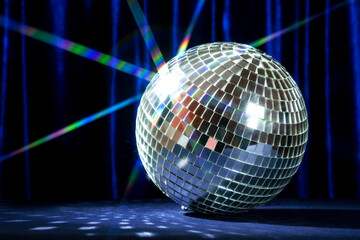 Big disco ball on a background of blue velvet curtains