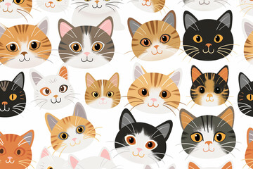 Fototapeta premium A seamless pattern featuring a variety of cute cartoon cat faces, each with different expressions and little details 