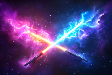 Cosmic Lightsaber Duel in Nebula