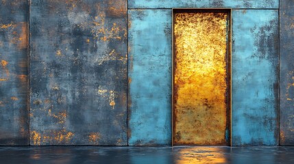 Golden Doorway Gleaming Warm Light Rustic Metal Wall Abstract Texture. AI Generated