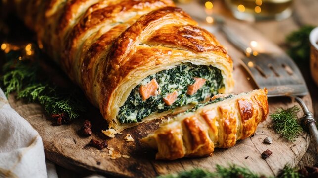 A baked salmon en crote, wrapped in golden puff pastry, sliced open to reveal a creamy spinach filling.