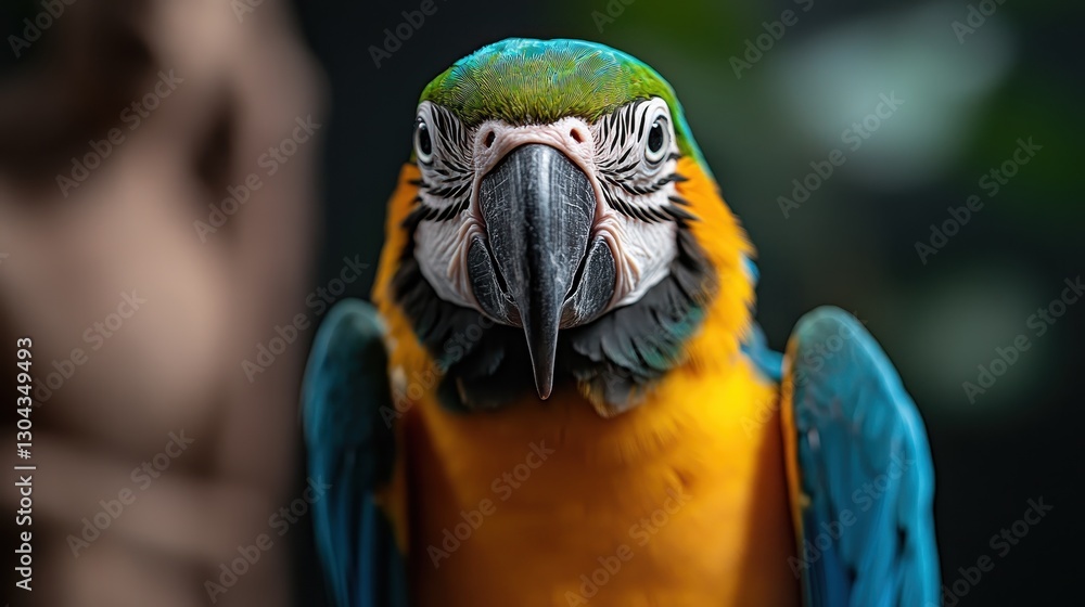 Poster a breathtaking close-up of a macaw bird captures its intricate feather patterns and vibrant colors, 