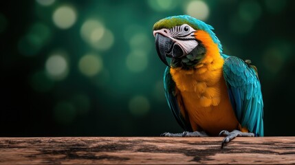 A stunning macaw perched on a rustic wooden surface, vividly showcasing its bright blue and yellow feathers against a dreamy bokeh backdrop of green lights.