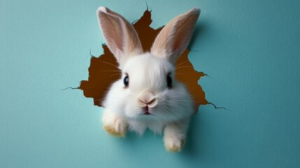 Obraz premium Adorable White Bunny Peeking Through a Torn Hole in a Pastel Blue Wall, Perfect for Spring or Easter