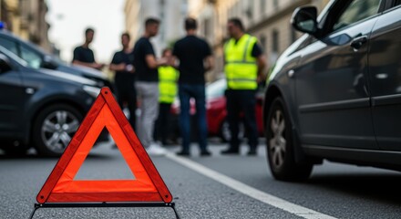 Traffic accident scene with emergency triangle and people on urban street