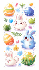 Obraz premium Cute bunnies, Easter eggs, spring flowers