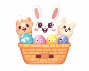 Cute bunnies & eggs in basket. Spring celebration