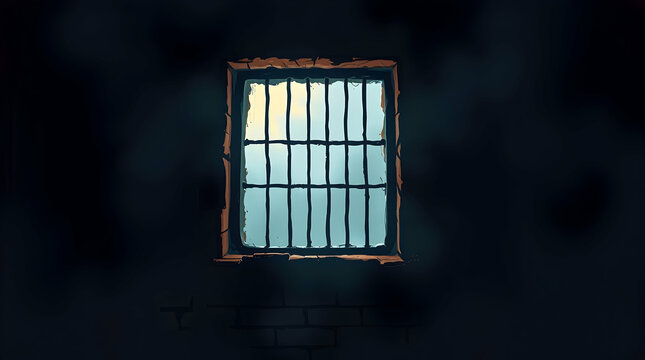 A barred window against a dark, textured wall, creating a sense of confinement and mystery.