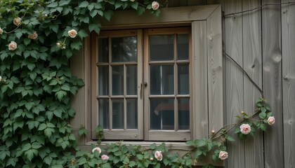  Wooden door with climbing roses creating a romantic and picturesque garden entrance