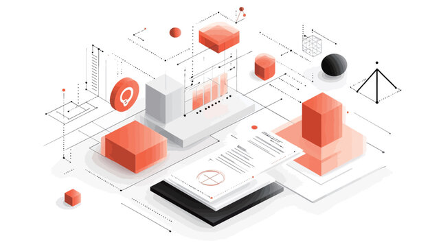 The image is an isometric illustration featuring a stylized representation of data processing and network connections.  The visual style is clean and modern, utilizing a predominantly white