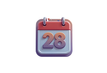 3d calendar icon with number 28, transparent background