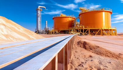 Obraz premium Desert industrial plant, large tanks, conveyor belt