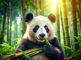 Obraz premium Adorable Giant Panda Enjoying Bamboo in Lush Forest
