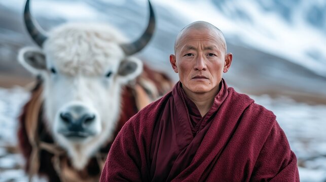 A focused monk in maroon attire stands resolutely surrounded by yaks, framed by snow-capped mountains, showcasing the harmony between man and nature. - Powered by Adobe