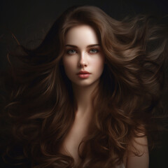 Fototapeta premium Portrait of beautiful young woman with flying hair over dark background. Portrait of beautiful young woman with extremely long brown hair. Woman with long blowing hair on wind