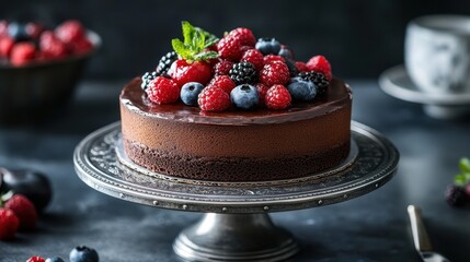 A moist and delectable chocolate cake, adorned with a vibrant medley of mixed berries, stood majestically on a silver cake stand, its rich aroma filling the air, inviting all to indulge.
