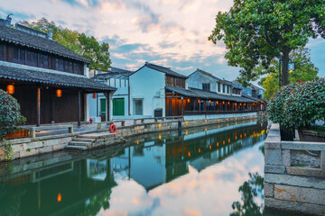 Fototapeta premium The Ancient Architecture, Bridges, and Tourism Landscape of Zhouzhuang Ancient Town in Suzhou, Jiangsu Province On April 18th, 2023