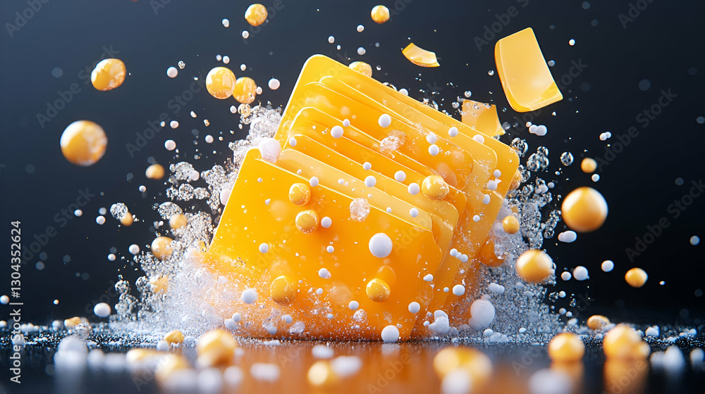 Poster exploding yellow cube in dark liquid, spheres splashing