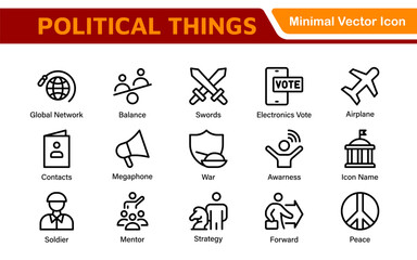Politics Icon Set: A comprehensive collection of icons representing political themes, perfect for enhancing campaign materials, educational resources, and civic engagement initiatives.