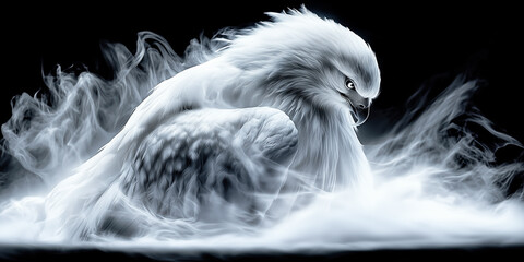 A majestic white eagle is enveloped in wispy, ethereal smoke against a black background, creating a mysterious and captivating scene. The feathers appear intricately detailed