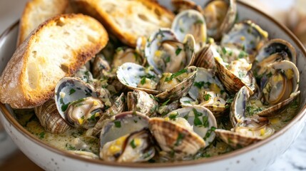 Fototapeta premium A bowl of clams in a white wine and garlic sauce, served with crusty bread for dipping.