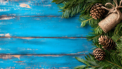 Festive pine cones & branches on blue wood
