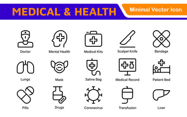 Set of Medical web icons in line style. Medicine and Health Care, RX. Medicine, check up, doctor, dentistry, pharmacy, lab, scientific discovery, collection.