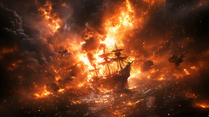 Obraz premium Fiery Galleon Battle, Ocean Inferno