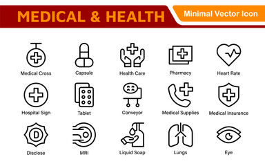 Set of Medical web icons in line style. Medicine and Health Care, RX. Medicine, check up, doctor, dentistry, pharmacy, lab, scientific discovery, collection.