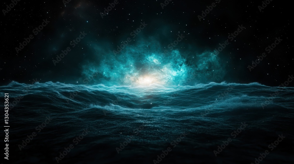 Poster a vast ocean swells beneath a starry sky, illuminated by mysterious cosmic clouds, creating an encha