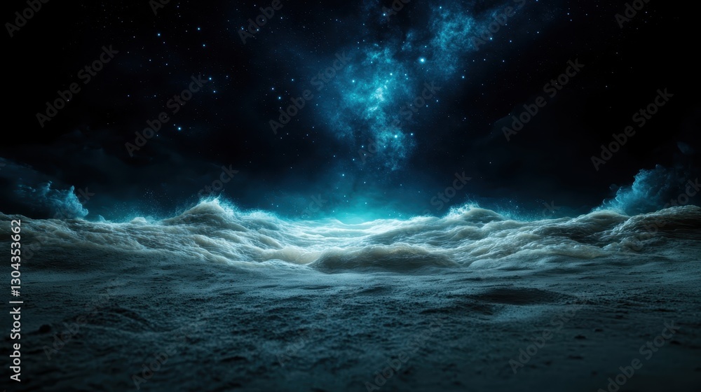 Poster an ethereal ocean view is surrounded by a galactic backdrop, merging water and celestial elements to