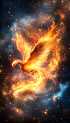 Fiery phoenix soaring cosmic nebula