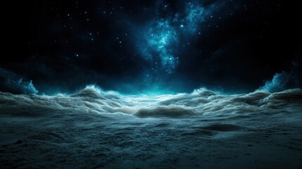 An ethereal ocean view is surrounded by a galactic backdrop, merging water and celestial elements to evoke feelings of wonder and exploration in this stunning visual.