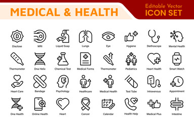 Set of Medical web icons in line style. Medicine and Health Care, RX. Medicine, check up, doctor, dentistry, pharmacy, lab, scientific discovery, collection.