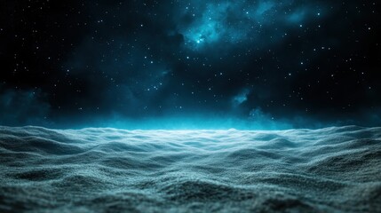 Dreamy ocean waves ripple towards a cosmic horizon, blending elements of water and space to create a visually striking image filled with surreal beauty and serenity.