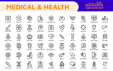 Set of Medical web icons in line style. Medicine and Health Care, RX. Medicine, check up, doctor, dentistry, pharmacy, lab, scientific discovery, collection.