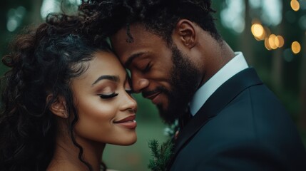 This intimate portrait features a couple sharing a gentle moment in nature, exuding love and connection against a backdrop of lush greenery and soft lights, embodying romance.