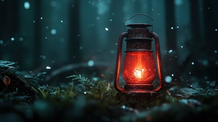 A vintage-style lantern illuminates a snowy forest path, amplifying the beauty of winter with its soft red glow amidst the falling snow, evoking feelings of warmth and nostalgia.