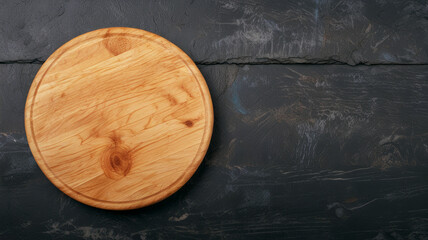Top view of round wooden dark cutting board on stone countertop with advertising space.
