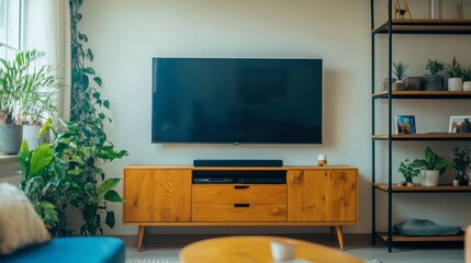A bright, airy living room with a Smart TV on the wall, stylish neutral furniture, and minimalist shelves.