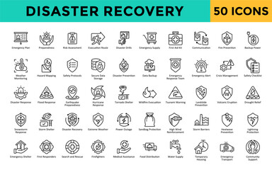 Disaster Recovery icons set with emergency plan, preparedness, risk assessment, evacuation route, disaster drills, emergency supply, first aid kit, communication icon. Simple line vector 
