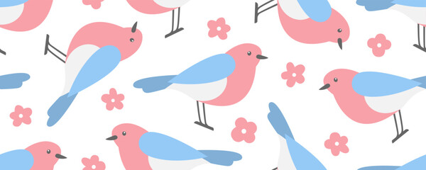 Cute spring birds seamless pattern. White background. Vector illustration.