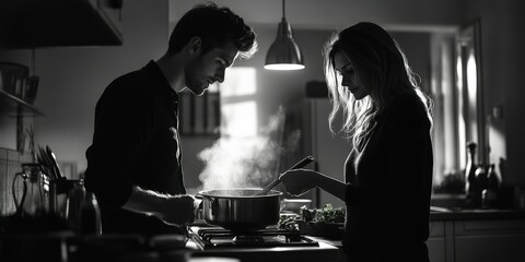 Couple cooking together in a cozy kitchen during evening hours