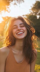 Fototapeta premium Radiant Beauty in Sunlight: A captivating portrait of a happy woman, her face illuminated by the warm glow of the sun, embodies joy and natural beauty.