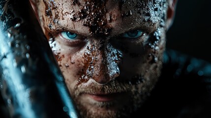 A striking close-up of a worker's muddy face, highlighting the power and intensity of human effort in a challenging working environment with great detail.
