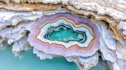 Fototapeta premium Aerial View of Vibrant Layered Rock Formation and Turquoise Pool