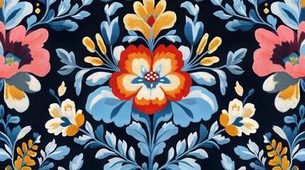 Ikat-style ethnic floral embroidery seamless pattern. 