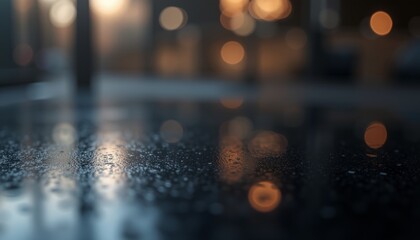  Raindrops on a Wet Surface with Blurred City Lights Creating a Dreamy Atmosphere