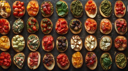 A vibrant tapestry of bruschettas, each adorned with a medley of toppings - from classic basil and tomatoes to vibrant pesto and roasted peppers - arranged in a captivating top-down view, inviting
